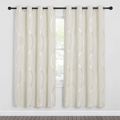 Blackout Curtains Panels Window Treatment Thermal Insulated Solid Grommet Blackout Wave Line Foil Print Design Curtains for Living Room Set of 2