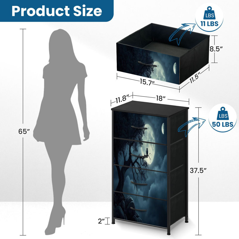Commode pour commode de chambre à coucher pour garde-robe de nuit foncé avec paysage de lune