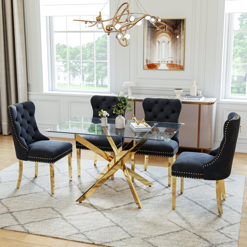 Modern Glass Dining Table Set For 4, 50" Rectangular Tempered Glass Dining Table With Velvet Upholstered Seats, Black/Gold