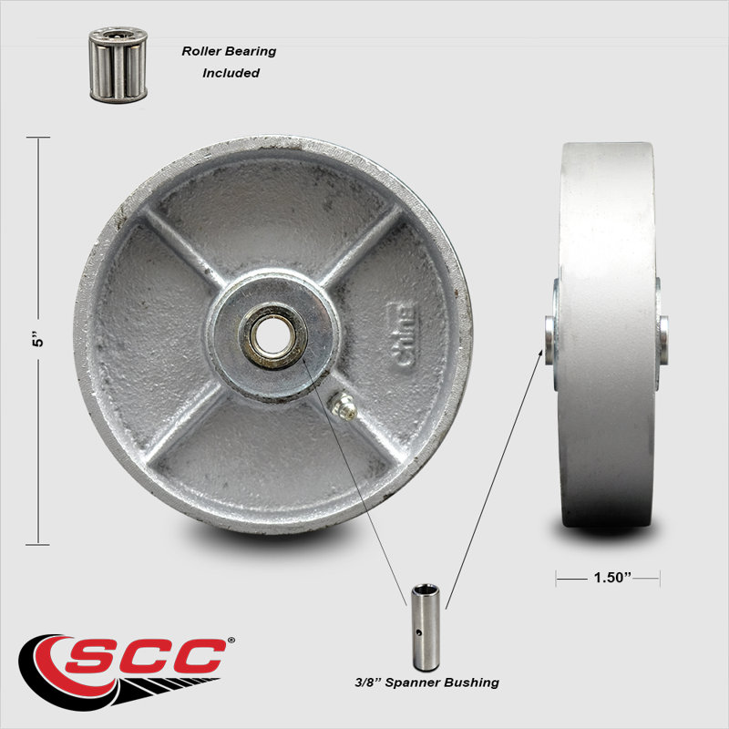 SCC - Roue en fonte semi-acier de 5 po avec roulement à rouleaux - Alésage de 3/8 po - Capacité de 600 lb