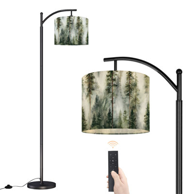 Arc Floor Lamp with Adjustable Lampshade Misty Forest Tall Pine Trees Watercolor Style Standing Lamp 3 Color Temperatures Dimmable Tall Pole Lamp with Foot Switch for Bedroom