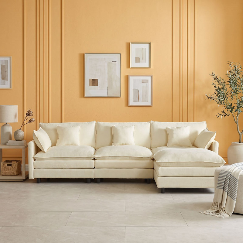 Canapé modulaire avec coussins de siège et repose-pieds mobile, Beige