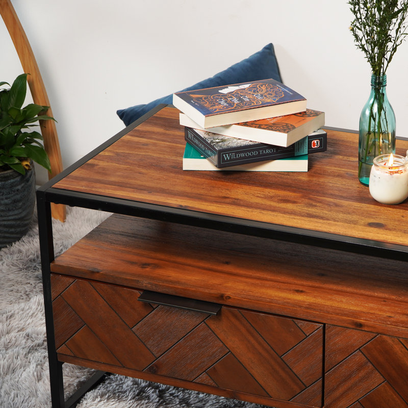 Hadaway Solid Acacia Wood Coffee Table with Storage - Dual-Sided Drawers Industrial Center Table - Herringbone Modern Farmhouse