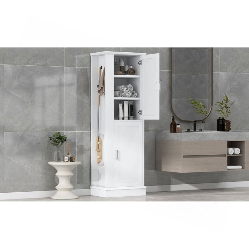 Grande armoire de rangement pour salle de bain, armoire de rangement autoportante avec crochet et tablette réglable, panneau de fibres à densité moyenne, blanc