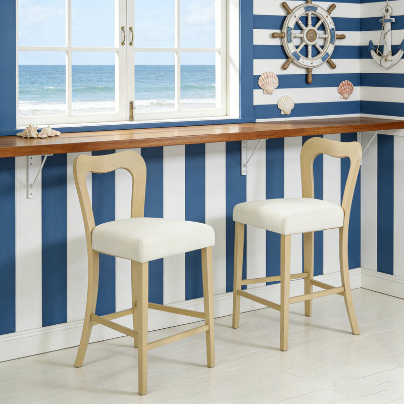 Ensemble de 2 tabourets de bar à cadre en bois avec repose-pieds, Beige, Naturel
