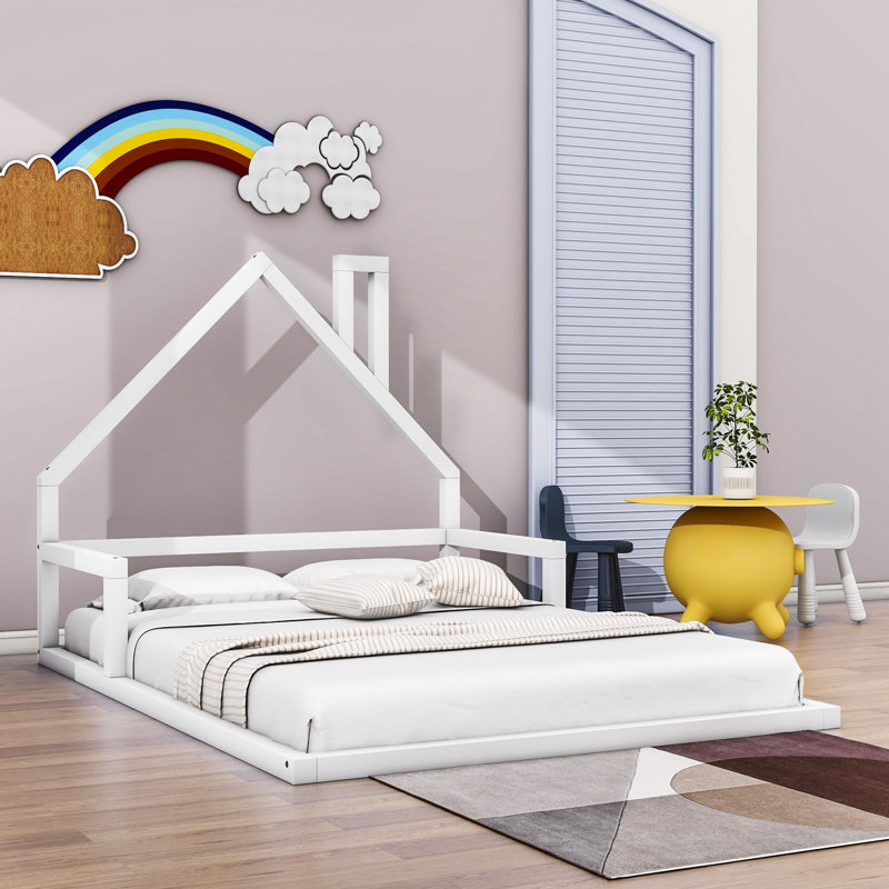 Full Size Wood Platform Bed with Detachable Roof, White