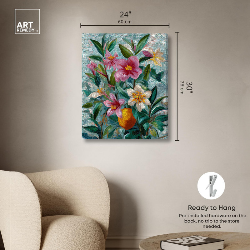«Tile Garden I Floral Decor» par Art Remedy, H 24 po x l 30 po, Toile tendue avec châssis