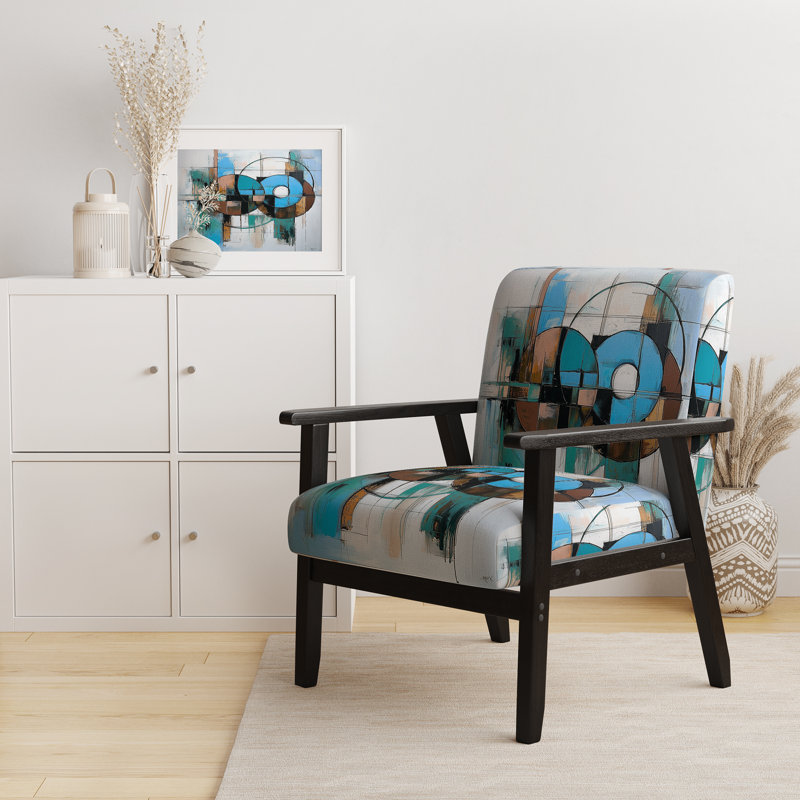 Mid-Century Accent Chair, Colorful Abstract Upholstered Armchair - Colorful Mid Century Abstract Fusion I, Black Square Arms