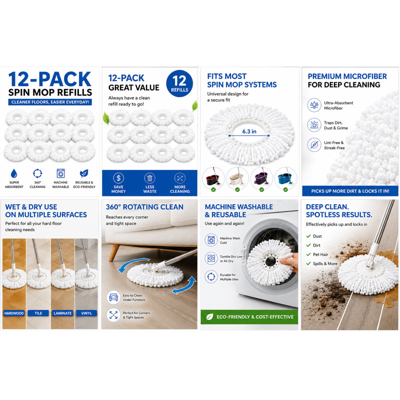 Paquet de 12 têtes de rechange pour vadrouille, recharge de vadrouille 100% microfibre compatible Easy Wring, tête de remplacement pour vadrouille à 360 degrés