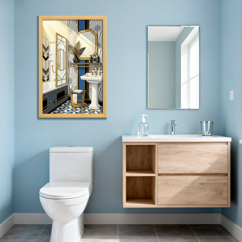 Motif géométrique de bain et de lessive avec des accents bleus et dorés, H 30 po x l 20 po, Toile tendue, Ne s’applique pas