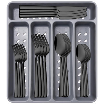 Ensemble 21 pièces d'argenterie noire moderne avec plateau organisateur Ensembles d'ustensiles de cuisine en acier inoxydable Couteaux de cuisine Fourchettes et cuillères Ensemble de couverts pour la vaisselle robuste pour 4 personnes, va au lave-vaisselle