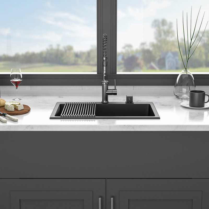 Évier de cuisine en quartz, évier de cuisine encastré en granite, Noir