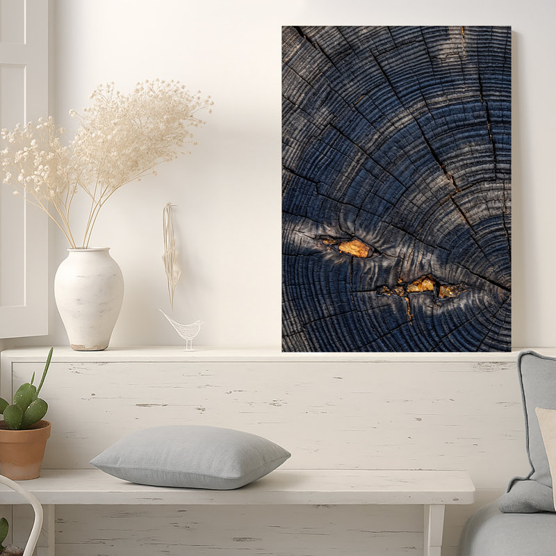 «Charred Wood Cross Section with Amber Resin Patchs», art mural sur toile, H 36 po x l 24 po
