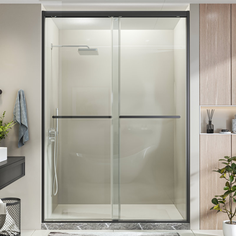 44"-48" W x 76" H Double Sliding Semi-Frameless Shower Door with 5/16" (8mm) Crystal Clear Tempered Glass, Matte Black