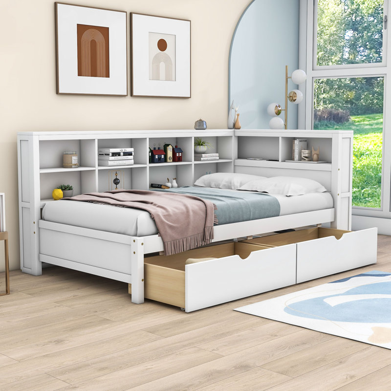 Sydia 2 Drawers Wood DayBed with and Shelves and USB Charging Ports, Twin, White