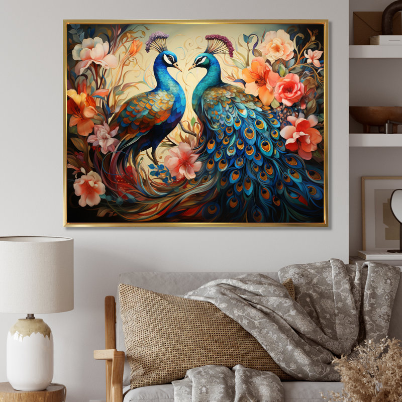 «Blue Coral Indian Art Dancing Peacocks I», art mural indien, Cadre flottant doré, H 30 po x l 40 po x P 1,5 po
