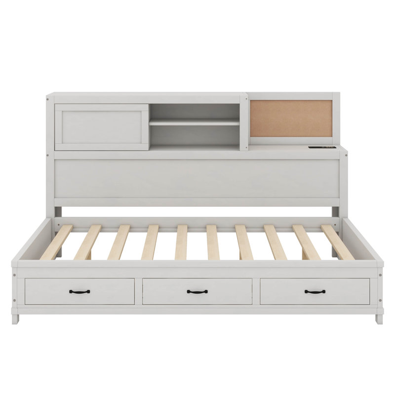 Jacksten Wooden Daybed With 3 Drawers, Upper Soft Board, Shelf, Sockets And USB Ports, White, Full