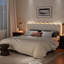 Lit plateforme très grand en bois massif avec tête de lit arrondie gris tourterelle et lumières RVB multicolores-118659063-118659065