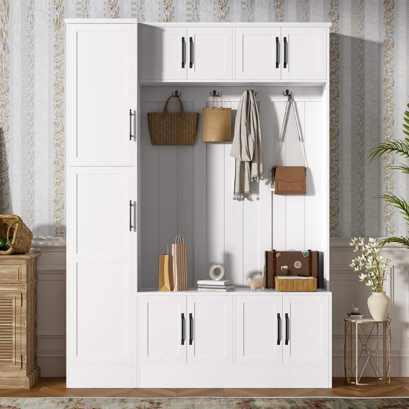 79'' Tall Modern Hall Tree With Bench And Shoe Storage, 4-In-1 Entryway Coat Rack With 6 Cabinets, Adjustable Shelves & 4 Hooks, White