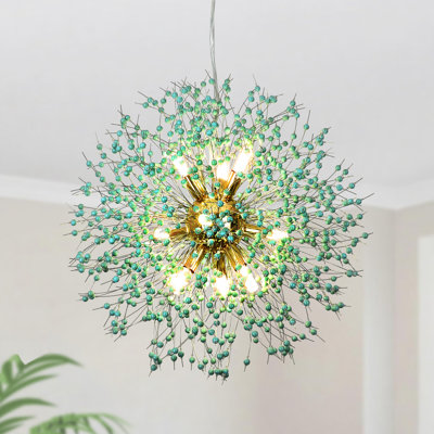 Lustre 9 lumières à pissenlit turquoise, base G9, 19,7 po de diamètre, 60 brins de cristal