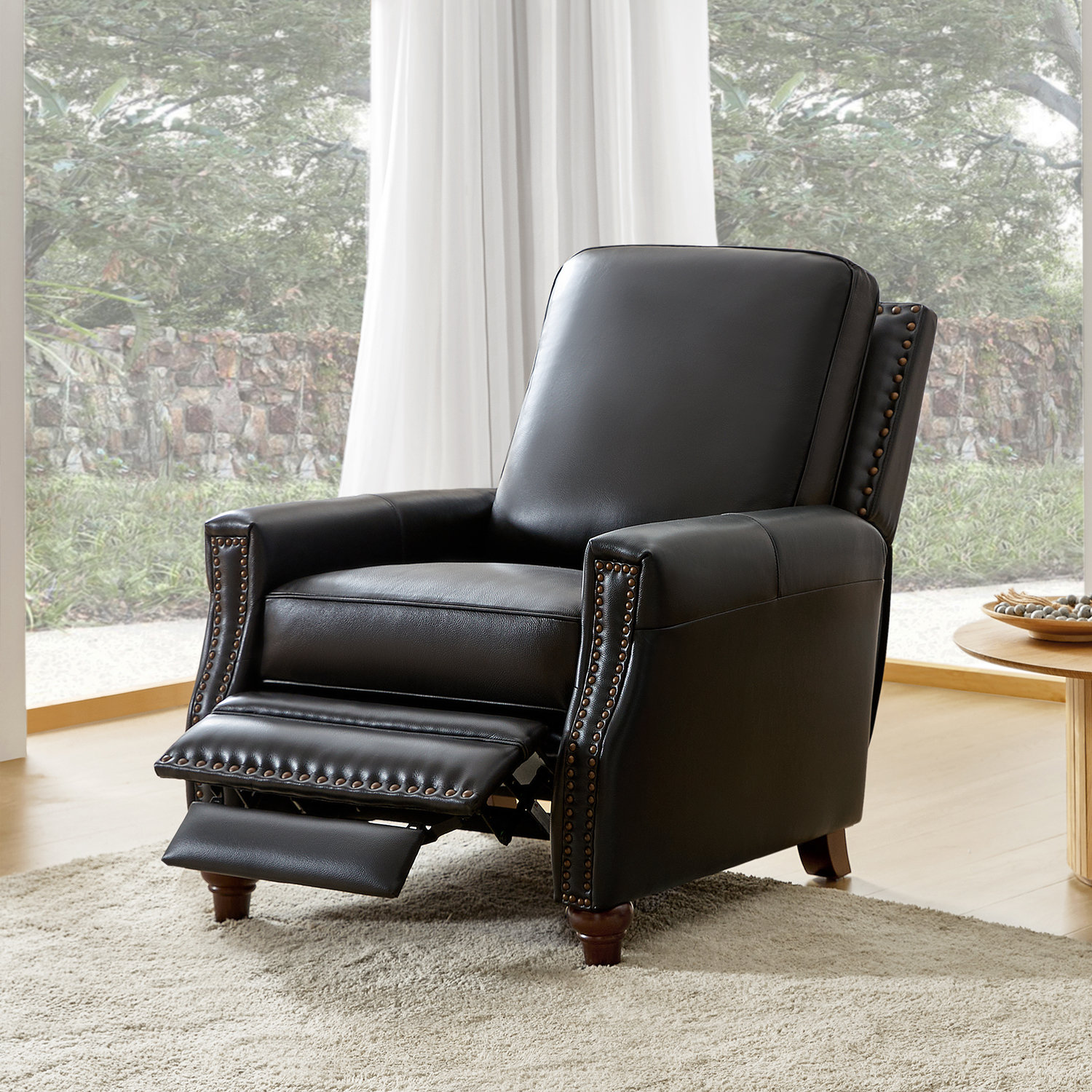 Andrena 33" Genuine Leather Manual Recliner, Black Genuine Leather