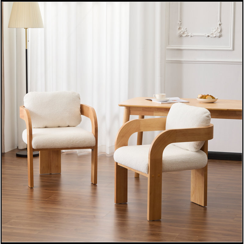 Ensemble de 2 chaises de salle à manger avec dossier coussiné, tissu bouclé, structure en bois massif de couleur naturelle
