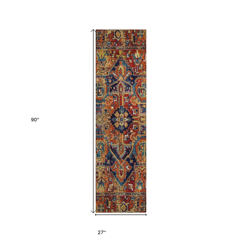Tapis de couloir d'extérieur intérieur lavable rouge orange et bleu 8 pi HomeRoots