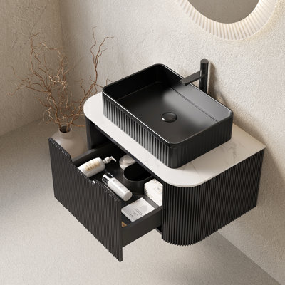 36" Bathroom Vanity With White Rectangular Ceramic Basin, Dark Walnut 3D Striped Cabinet, Soft Close Drawer, Pre-Assembled, Ample Storage Space Modern Striped, Easy To Assemble In Japanese