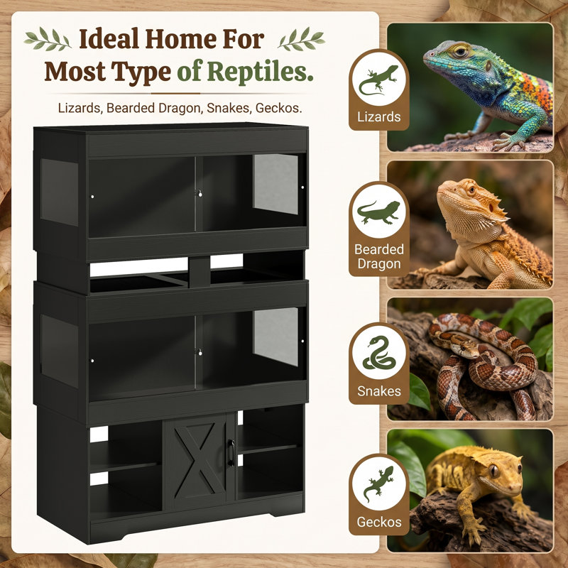 Terrarium double Herture de 454 litres (120 gallons) avec support, 122 x 61 x 61 cm (4 x 2 x 2 pouces), meuble terrarium empilable avec multiprise intégrée et portes coulissantes en acrylique pour dragon barbu, serpent, lézard et gecko (PX14RTB).