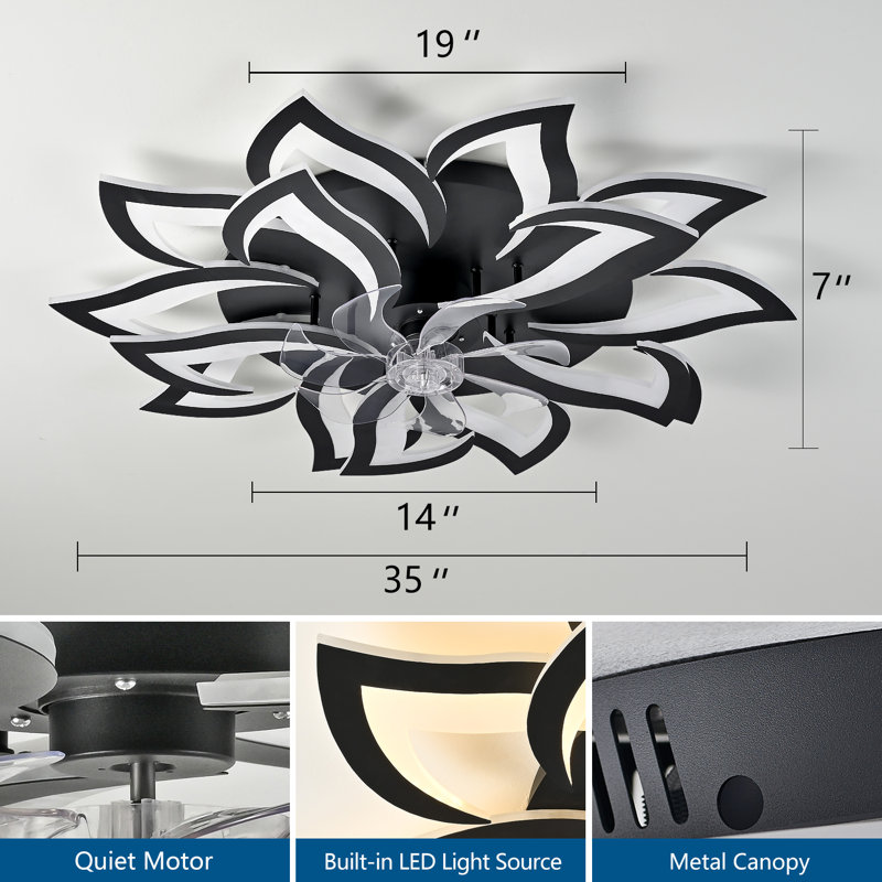 Modern Black Led Ceiling Fan With Lights, 35" Low Profile Flush Mount, Flower Design, Dimmable 3 Color Temperatures, 6-speed Quiet Motor, Remote & App Control For Bedroom Living Room Kitchen