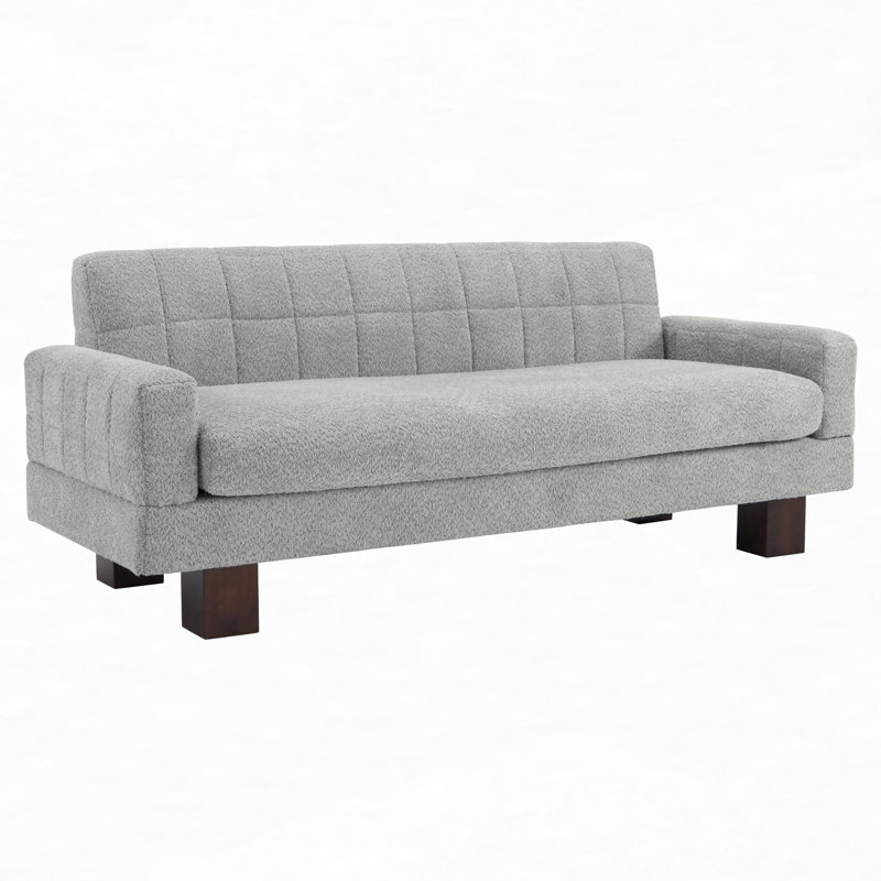 Causeuse 2 places en tissu avec dossier Biscuit et accoudoirs carrés Boucle, Boucle gris clair et bleu