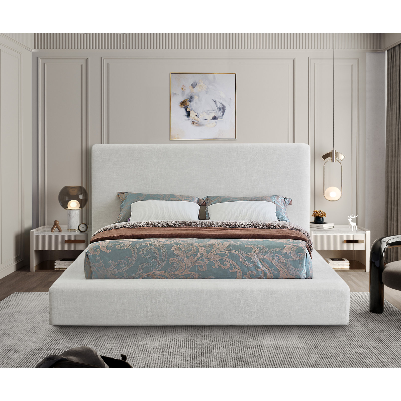 Ishia Upholstered Platform Bed, Cream Linen, Full