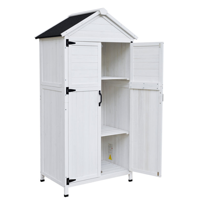 67" White Fir Wood Outdoor Storage With Four Compartments For Garden Shovels Shed Smooth - Opening Double Doors And Organized Interior