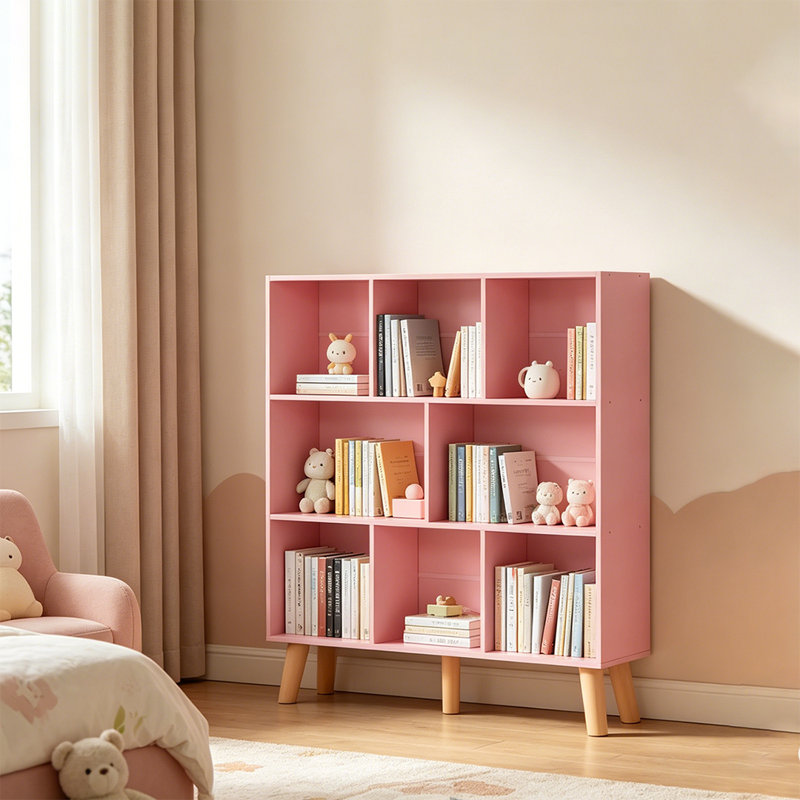 Bibliothèque moderne à 3 niveaux avec pieds, tablette de présentation autoportante en bois, bibliothèque à 8 cubes