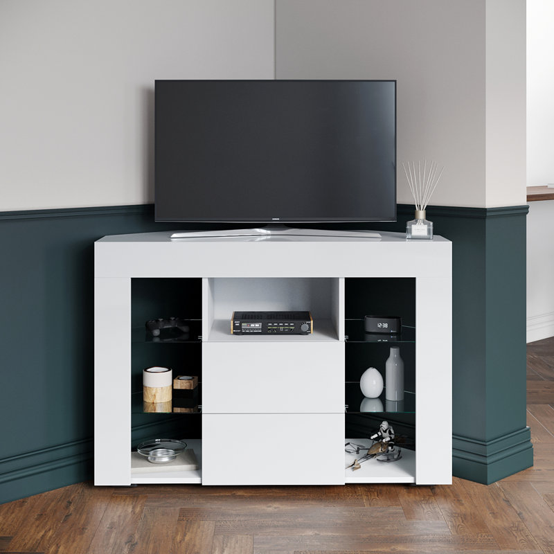 Aladar 100Lx40Wx68H High Gloss Particleboard Corner TV Stand & TV Cabinet, 2 Drawers 7 Storage, Fits 50" TV, White