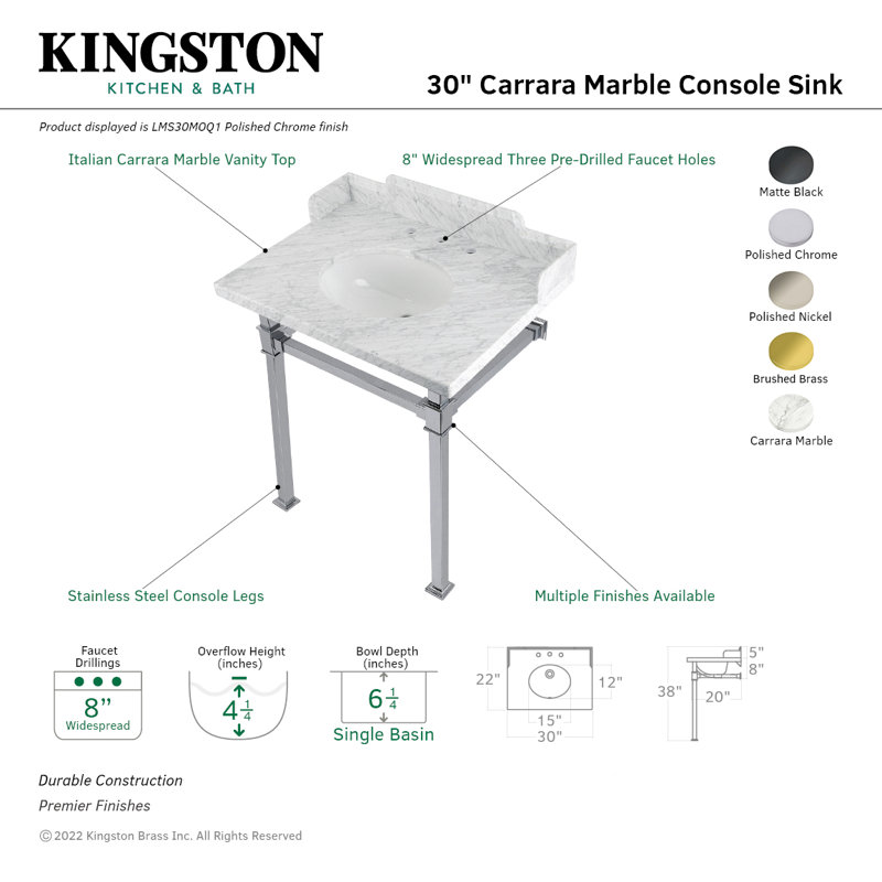 Kingston Brass Viceroy 30-Inch Carrara Marble Console Sink with Stainless Steel Legs (8-Inch, 3-Hole)