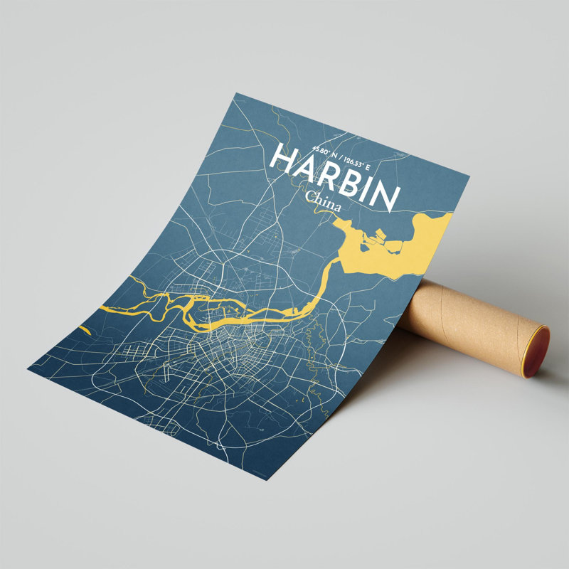 «Harbin City Map», impression, Bleu / Jaune, H 24 po x l 18 po