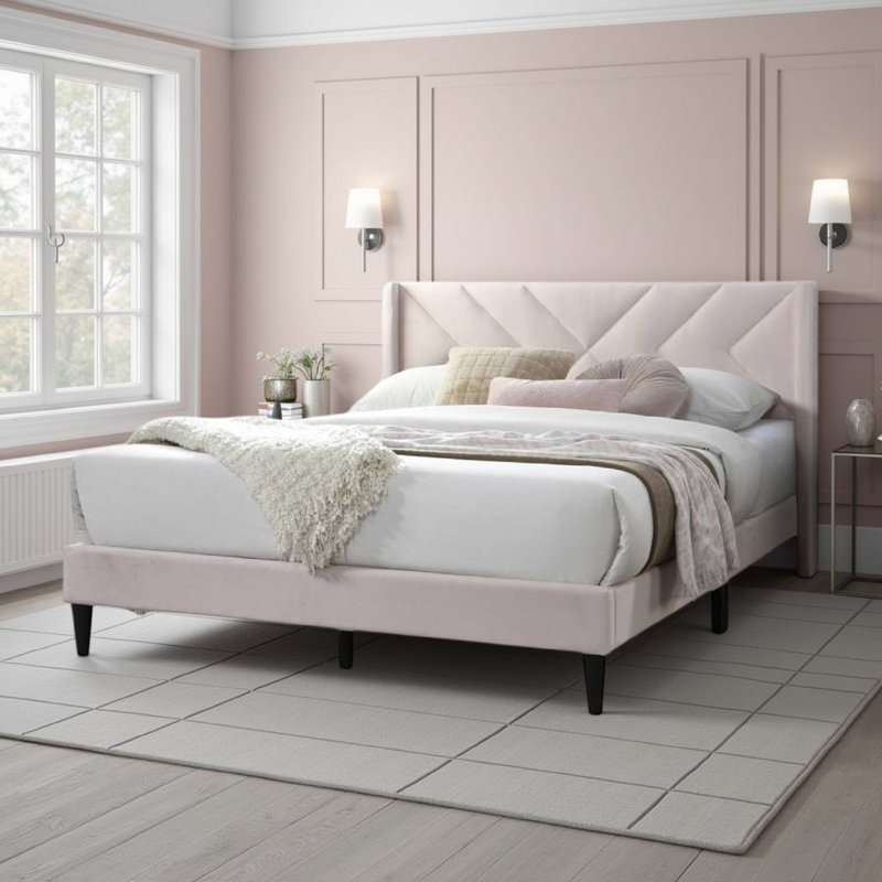 Linen Bed with Tufted Headboard, Rose clair, Grand lit