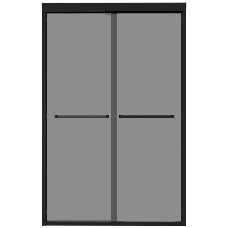 76"H Double Sliding Shower Door, 8Mm Tempered Shatter- Grey Glass, Matte Black 304 Stainless Steel, Reversible Installation, -, Dry Vanity 48"W Glass With R10 Rounded Edges And Laminated Film, -