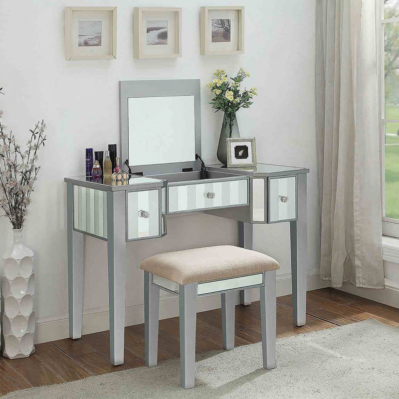 Transitional Style  1pc Vanity w/ Stool Set Core Design Storage Drawers Central Mirror Padded Stool Silver Finish Bedroom Furniture