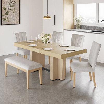 Ensemble de table de salle à manger extensible 6 pièces Aura Farmhouse | Table de cuisine en bois 78,1 po avec rallonge de 18 po, 4 chaises et banc rembourrés, plateau de table épais de 3,8 po et pieds en tréteaux