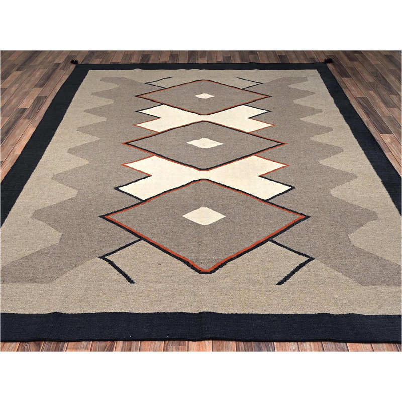 Tapis oriental brun kaki 8 pi x 9 pi 9 po, motif géométrique tissé à la main, tissé à la main, 100% laine