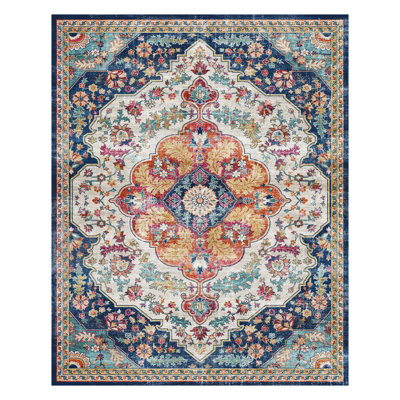 Soft Washable Distressed Vintage Floral Oriental Area Rug in Jewel Tone 