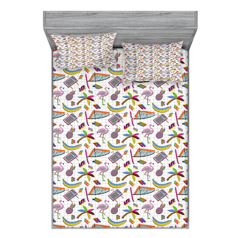 Flamingo Microfiber Geometric Sheet Set, Queen Sheet Set with Fitted Sheet