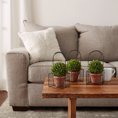 Faux Boxwood, 3 Matching Realistic 9.5" Tall Topiary Arrangements in Decorative Metal Baskets for Indoor Home or Office