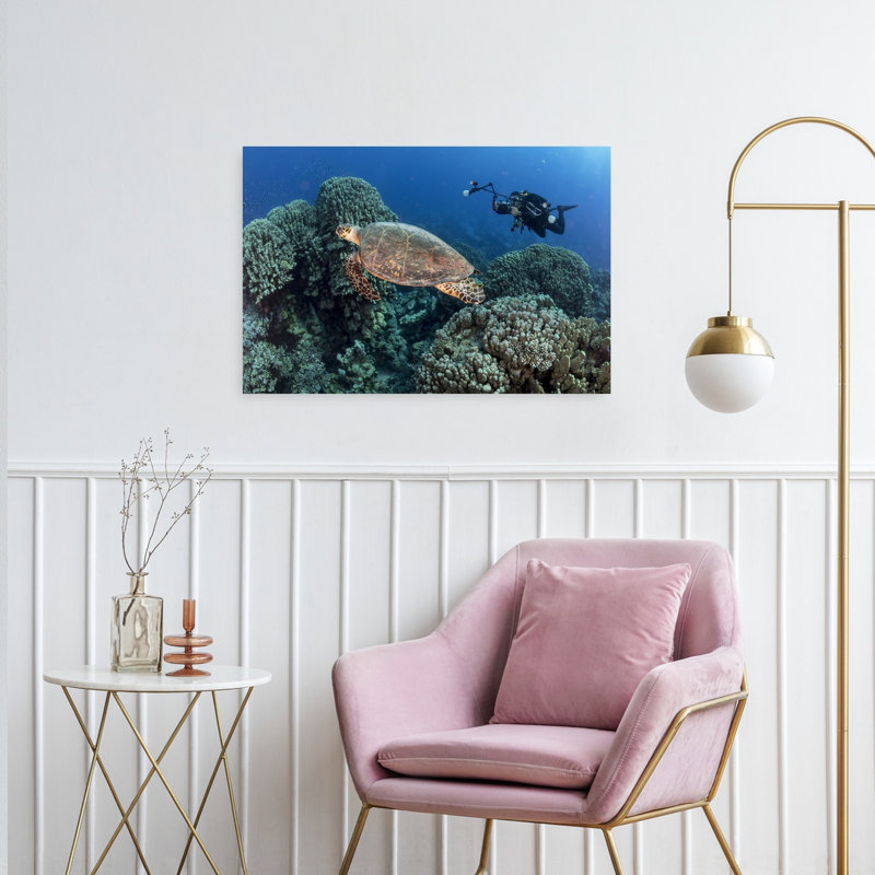 Tortue sous-marine et tortue de plongeur, impression d'art mural nature océan, H 24 po x l 36 po