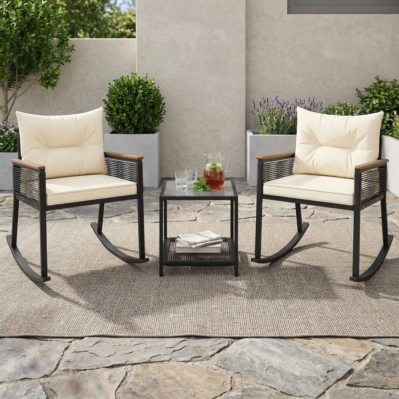 3-Piece All-Weather PE Rattan Outdoor Rocking Bistro Set, 2 Smooth Glide Padded Rocker Chairs, 1 2-Tier Storage Coffee Table