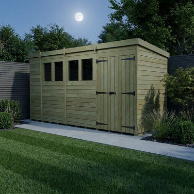 Total Sheds 14ft x 4ft Pent Garden Shed - Double Door - With Windows - Pressure Treated Timber - UK Manufactured