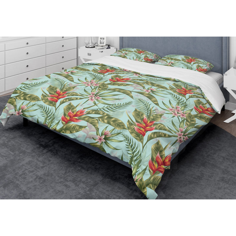 Retro Art Deco - Mid century bedding set - Modern Mid-century Bed cover set, Full/Queen Duvet Cover + 2 Shams, Green Floral