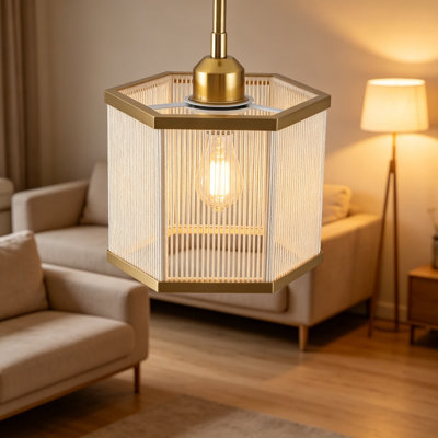 Luminaire suspendu en rotin tissé à la main avec bordure dorée, luminaire suspendu hexagonal Boho, mini plafonnier côtier pour évier de cuisine, vestibule, salle de bain, base E26 à 1 lumière, beige doré naturel